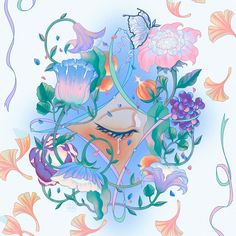 an artistic drawing of a woman surrounded by flowers and butterflies on a light blue background