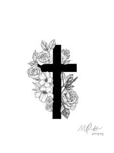 A think black cross with roses and foliage as well as some small daisies wrapped around it Christian Cover Up Tattoos, Cross Tattoo Cover Up, Cross Coverup Tattoo, Cross Tattoos For Women On Back, Cross Tattoo Cover Up Ideas, Cross Roses Tattoo, Cross With Flowers Tattoo For Women, Big Cross Tattoos, Cross Cover Up Tattoo Ideas