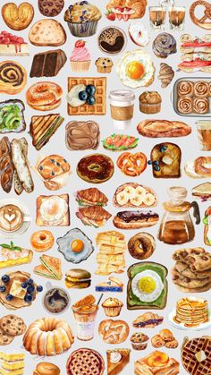 breakfast bakery wallpaper Bakery Wallpaper, Summer Themed Wallpaper, Bakery Stickers, Bakery Aesthetic, Food Collage, Brunch Club, Food Painting, Food Wallpaper, Food Stickers