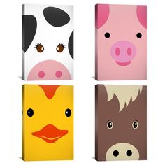 four farm animals are shown in three different color scheme, each with an animal's face