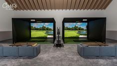 two couches in front of large televisions with golf images on the wall behind them