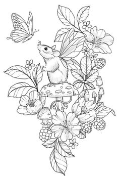 a drawing of a mouse sitting on top of a mushroom and flowers with butterflies in the background