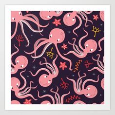 an octopus and squid pattern on a black background with pink flowers, stars and other sea creatures