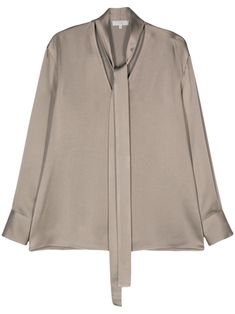 taupe brown satin finish pussy-bow collar V-neck long sleeves buttoned-cuff sleeves straight hem Brown Satin, Bow Collar, Satin Blouse, Cuff Sleeves, Satin Finish, Top Blouse, Long Sleeves, Womens Tops, Cuff