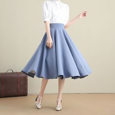 "DETAILS: * cotton linen skirt * no liner * Two side pockets * back zipper closure * High waistband * Plus size full skirt * Perfect for spring, summer and autumn * Learn More about the items From the FAQs on the page bottom * The model is 170 cm (5′ 7″) tall with a 80 cm (31.5\") bust, 66 cm (26\") waist. She is wearing the blue linen skirt in size XS. CUSTOM MADE SERVICE If you * Change other color * Can't find your size in our size Chart * Change the Style * Change the length * Your Height is Light Blue Flared Skirt For Spring, Light Blue Full Skirt For Summer, Retro Solid Bottoms With Lined Skirt, Spring Flared Mini Skirt In Solid Color, Flared Mini Skirt In Solid Color For Spring, Solid Knee-length Skirt For Spring, Retro Flared Skirt For Spring, Solid A-line Mini Skirt For Spring, Cotton Midi Skirt In Solid Color