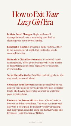 Ready to leave your lazy girl era behind? Discover simple, actionable steps to boost your productivity and motivation with this easy-to-follow guide. Learn how to create habits that stick, establish routines, and reignite your drive. Say goodbye to procrastination and hello to a more focused, motivated you!  Productivity Tips, Motivation Boost, Self Improvement, Lazy Girl Era, Goal Setting, Daily Habits, Get Organized, Cool Rich Aunt, Lifestyle Tips, Elevate Everyday Celebrate Success, Achievable Goals, Practicing Self Love, Self Care Bullet Journal, Writing Therapy, Get My Life Together, Journal Writing Prompts, Lazy Girl