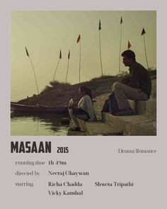 an advertisement for masaan 2013 featuring two men sitting on the edge of a body of water