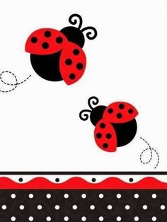 two ladybugs are flying in the air with polka dot border around them on a white and black background