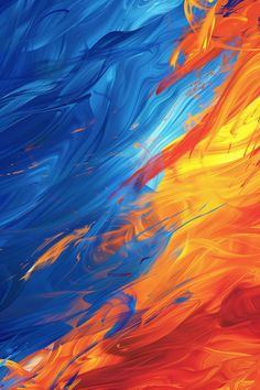 an abstract painting with blue, orange and yellow colors