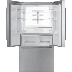 an open refrigerator with its door wide open and it's freezer is shown