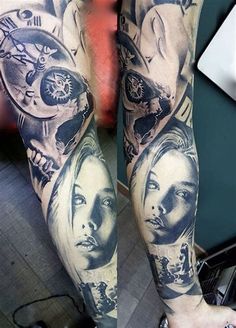 a man's leg with tattoos on it and two different faces in the background