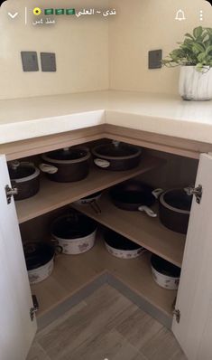 an open pantry with pots and pans on the bottom shelf, next to a potted plant