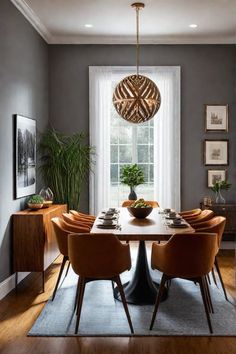 a dining room table with chairs and a potted plant in the center surrounded by pictures on the wall