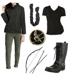 a woman in black shirt and green pants with accessories including boots, bracelets and necklace