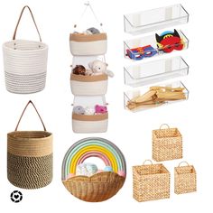 baskets, toys and other items are arranged in this collage