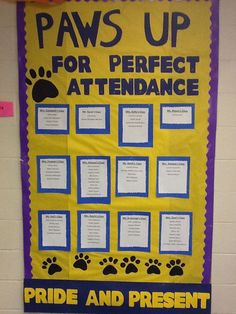 a bulletin board with paws up for perfect attendance