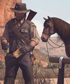 a man standing next to a brown horse in a desert area with mountains behind him