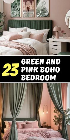 green and pink boho bedroom decor with pictures above the bed that says, 25 green and pink boho bedroom