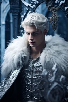 a man with white hair wearing a silver outfit and fur collar, standing in front of a throne