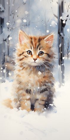 a painting of a kitten sitting in the snow with trees behind it and snow falling all around