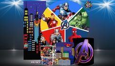 the avengers logo is surrounded by images of superheros and their logos in different colors