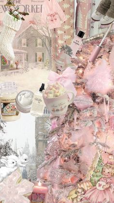 a pink christmas tree is surrounded by gifts