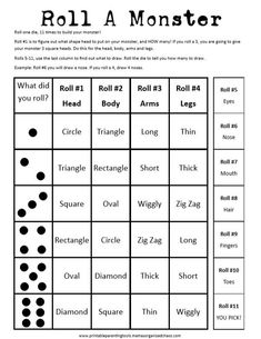 a printable roll a monster game with black dots on white paper and the words roll a