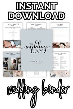 the wedding binder is shown with photos and text that reads, instant printable