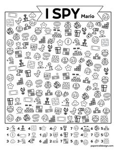 a coloring page with the words i spy mario and other things to color on it