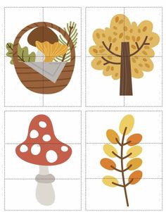 four different types of autumn leaves, mushrooms and other things in the shape of squares