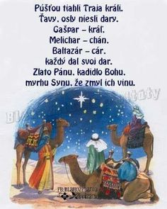 a christmas card with three wise men and two camels in front of the nativity scene