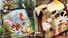 there are two pictures with animals on them and one has a crocheted blanket