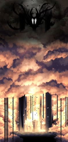 the sky is filled with clouds and an image of a building in the distance that appears to be surrounded by tall buildings