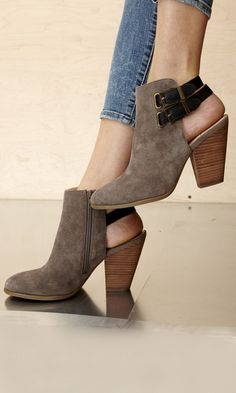 Genuine suede bootwith a stacked heel, a slingback buckle and an easy side zipper Mode Shoes, Sole Society, Crazy Shoes, Exclusive Fashion, Pretty Shoes, Shoe Obsession, Shoe Lover, Suede Booties, Stacked Heel