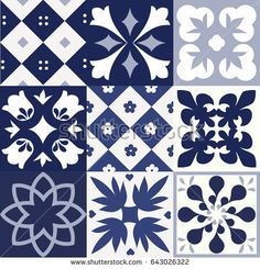 blue and white tiles with different designs