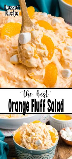 A spoonful in a big bowl on top of a bowl full of Orange Fluff Salad. Orange Fluff Salad, Orange Salad Recipes, Orange Jello Salads, Fluff Salad Recipes, Mandarin Orange Salad, Orange Fluff, Cottage Cheese Salad, Weight Watcher Desserts