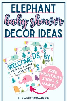 the elephant baby shower decor idea is shown in pink, blue and green with text overlay