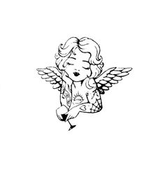 a black and white drawing of an angel with wings on it's back, holding a