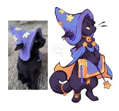 a black dog wearing a purple hat with stars on it's head and an image of a cat dressed up as a witch