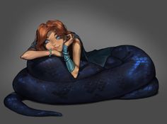 a woman laying on top of a blue snake