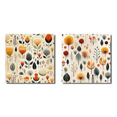 two paintings with flowers and leaves on them, one in orange and the other in white