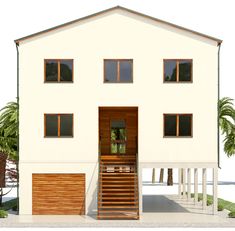 a white two story house with brown shutters on the front and second story doors