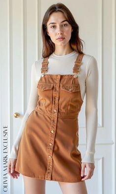 Olivia Mark - Caramel Canvas Overall Dress with Ribbed Long-Sleeve Top Long Overall Dress, Overall Dress, Olivia Mark, Long Dress, Caramel, Long Sleeve Tops, Sleeve Top, Overalls, Long Sleeve Dress