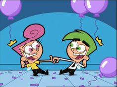 two cartoon characters are shaking hands in front of some balloons and confetti sticks