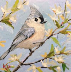 a painting of a bird perched on a branch with white and yellow flowers in the background