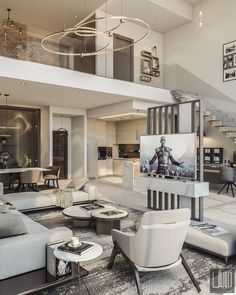 a living room filled with furniture and a spiral staircase