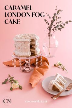 a cake sitting on top of a table next to a plate with a slice taken out of it