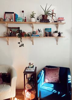 a living room with two chairs and shelves filled with plants on top of the wall