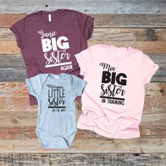 This Big Sister Again and Professional Big Sister Shirt make a wonderful Gift for a Big Sister to be. Get the siblings involved with the baby reveal with these matching Sister Shirts. Big Brother Shirts also available to mix and match. https://www.etsy.com/listing/1193886506/big-brother-again-shirt-big-brother-in?click_key=71c4aa91eff79df9f41e2cb56cbda4537495e0ea%3A1193886506&click_sum=d07ce3c4&ref=shop_home_active_1&frs=1&sts=1 This listing is for one shirt or onesies® only - to purchase more t Big Sister T Shirt Ideas, Big Sister Again Shirt, Big Sister Shirt Ideas, Big Sister In Training, Big Brother Shirts, Matching Sister Shirts, Big Sister To Be, Brother Ideas, Baby Reveal Shirt