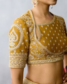 Gold/ yellow saree blouse design with embelishment Lehenga Blouse Embroidery Designs, Yellow Ethnic Outfit, Yellow Blouse Work Designs, Blouse Neck Ideas, Bride Blouse Designs Bridal, Bridal Blouse Work Designs, Modest Blouse Designs, Traditional Blouse Designs Weddings, Neck Blouse Designs Patterns